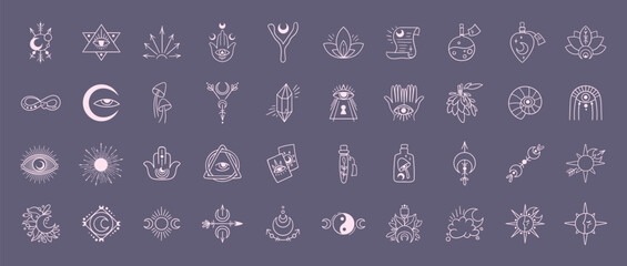 Mysticism esoteric outline icons vector bundle, mystical line monochrome clip art, Celestial floral moon, Flower and mushrooms hand drawn symbols pack, isolated illustrations in black Generative AI