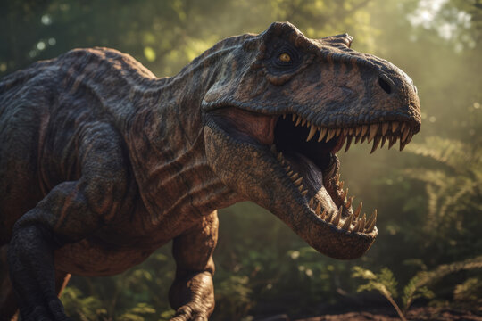 Dinosaur rex looking at the camera, beautiful background, ai generated.