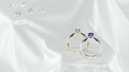 Macro focus 3D render side view of gold and platinum engagement ring jewelry design, with diamonds of various sizes on white fabric as background.