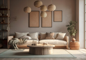 Modern home and its necessary accessories. Real cozy apartment interior and the additional pillows suggest the warmth of the home. Modern design. AI generated illustration.
