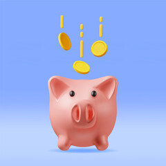 3D Piggy Bank with Coins Isolated. Render Plastic Piggy Bank for Money. Moneybox in Form of Pig. Concept of Cash Money, Business Deposit Investment, Financial Savings. Vector Illustration