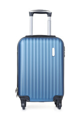 Front view of blue plastic spinner suitcase