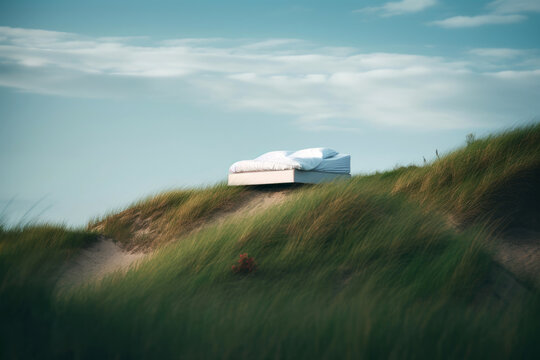 Lonely bed stand on grass dune hill with beautiful sky, surreal dreamlike landscape, minimal background, creative scene, Desert scene with furniture, with Generative Ai.