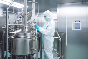 A man in protective clothing working on equipment. Pharmaceautical clean room, industrial design, large scale chemical production in controlled sterile conditions, AI generative - obrazy, fototapety, plakaty