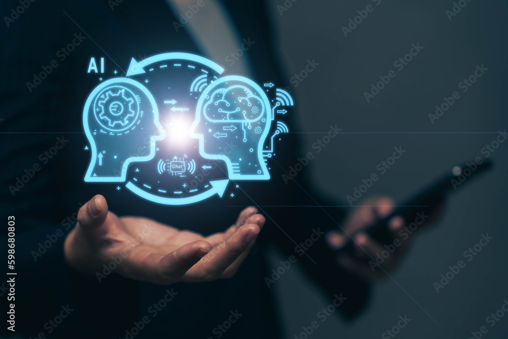 Poster chatbot chat with ai artificial intelligence. concept of using ai technology to help work in order t