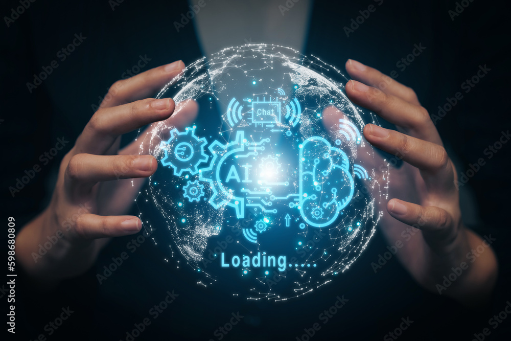 Poster chatbot chat with ai artificial intelligence. concept of using ai technology to help work in order t