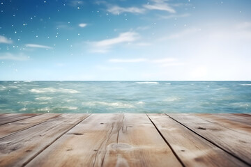 Obraz premium Wood table top on blur sparkling sea. generative ai