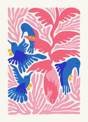 Floral abstract elements. Tropical Botanical composition. Modern trendy Matisse minimal style. Floral poster, invite. Vector arrangements for greeting card or invitation design