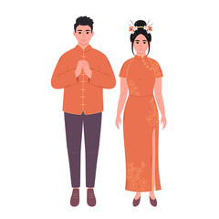 Chinese couple in traditional clothing. Asian man and woman, asian culture, ethnicity. Vector illustration in flat style.