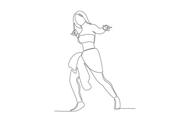 A woman with long hair is dancing an African tribal dance. Africa tribe one-line drawing