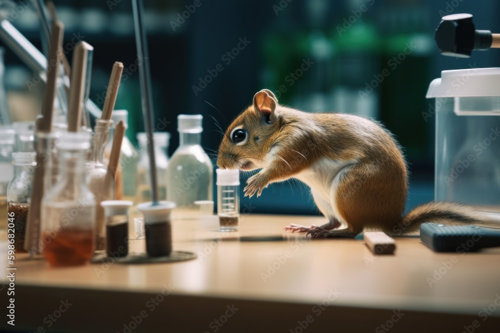 Poster a squirrel standing on top of a wooden table. ai generative image.