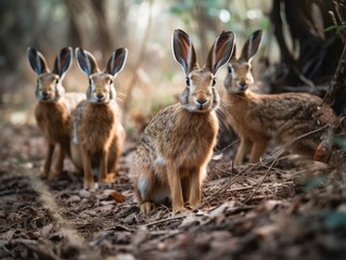 Naklejka na ściany i meble Group of Hare in natural habitat (generative AI)