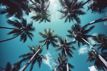 Blue sky and palm trees view from below, vintage style. generative ai