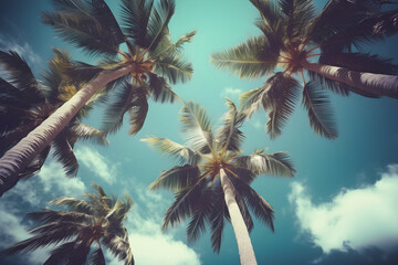 Fototapeta na wymiar Blue sky and palm trees view from below, vintage style. generative ai