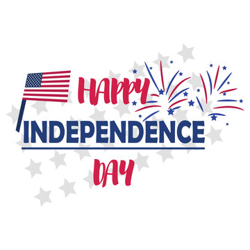 Text HAPPY INDEPENDENCE DAY, fireworks and USA flag on white background