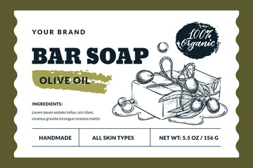 Hand made soap bar package label or sticker design. Vector hand drawn sketch illustration. Badge or banner layout - obrazy, fototapety, plakaty