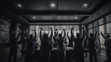Fototapeta na wymiar A dramatic photo of a group of executives raising their hands in triumph in a sleek, modern conference room. Generative AI