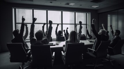 Fototapeta premium A dramatic photo of a group of executives raising their hands in triumph in a sleek, modern conference room. Generative AI