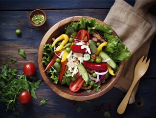 wooden bowl of salad on wood table background - obrazy, fototapety, plakaty