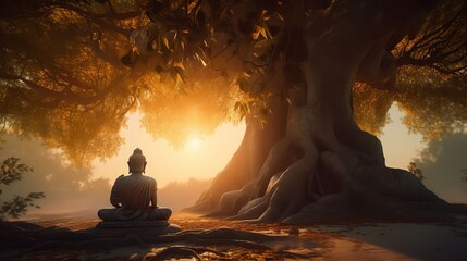 Buddha sitting under bodhi tree on sunset