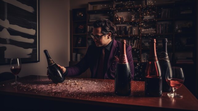 Photo of a successful entrepreneur popping a bottle of champagne in his private office. Generative AI