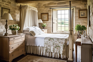 Cosy English country cottage bedroom decor. Generative AI