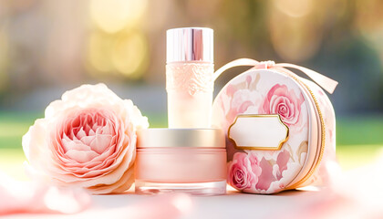 Beautiful pink floral beauty box cosmetics set, product packaging for mockup. Generative AI