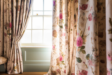 Floral curtains fabric in the English country style house. Generative AI