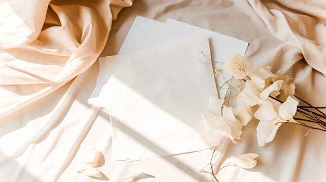 Wedding stationery, linen fabric and blank paper sheets as a sunny flatlay background for mockup. Generative AI