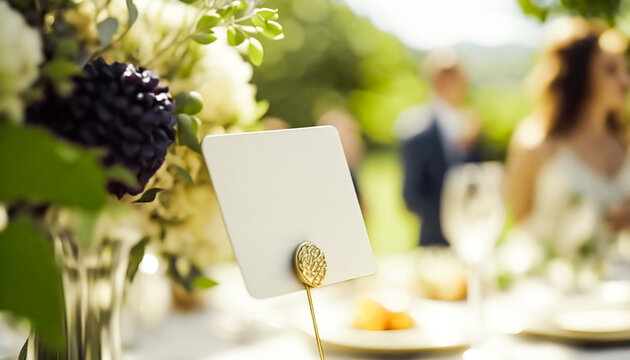 Card As Part Of Wedding Table Decoration, Outdoor Venue. Generative AI