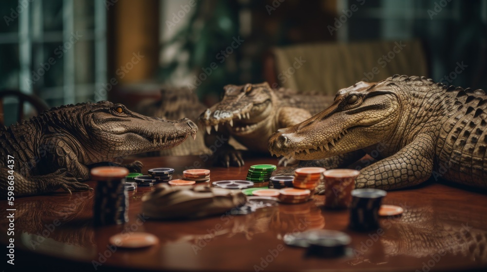 Poster several alligators sitting on top of a table playong poker. ai generative image.