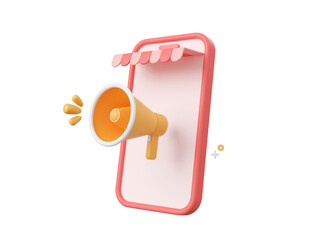 3d cartoon design illustration of Smartphone with megaphone for online shopping, discount coupon and special offer promotion.