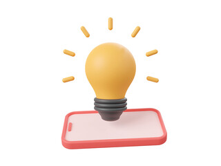 3d cartoon design illustration of Smartphone with light bulb, Startup business idea concept.