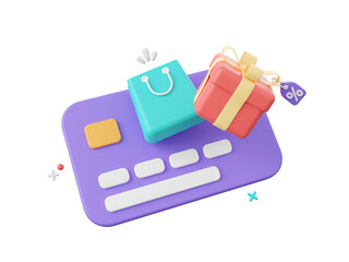 3d cartoon design illustration of Credit cards with shopping bag and gift box, Shopping online and payments by credit card.