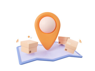 3d cartoon design illustration of Shopping online and delivery service, Pin with parcel boxes on map.