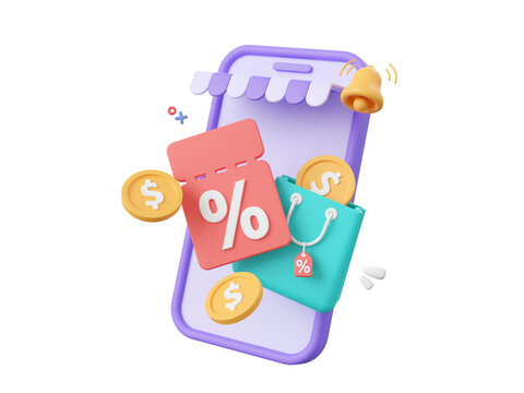 3d cartoon design illustration of Shop smartphone with discount code and shopping bag, coin cash back, Advertising marketing promotion concept.