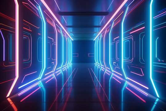 Neon Illuminated Corridor in a Spacecraft, Futuristic Sci-fi Tunnel: AI Generated Image