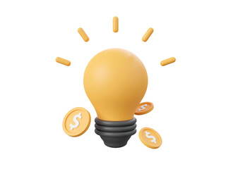 3d cartoon design illustration of Light bulb with dollar coin, Startup business idea concept.