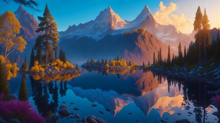 Fototapeta na wymiar landscape with lake and mountains, generative ai