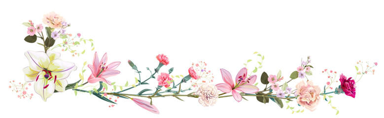 Panoramic view: bouquet of carnation, lilies, spring blossom. Horizontal border for Mothers Day or wedding invitation. Gentle realistic illustration in watercolor style on white background. Vector