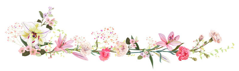 Naklejka na ściany i meble Panoramic view: bouquet of carnation, lilies, spring blossom. Horizontal border for Mothers Day or wedding invitation. Gentle realistic illustration in watercolor style on white background. Vector