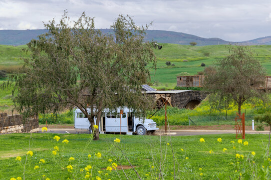  bus at the old railway station in Jordan on the border with Israel