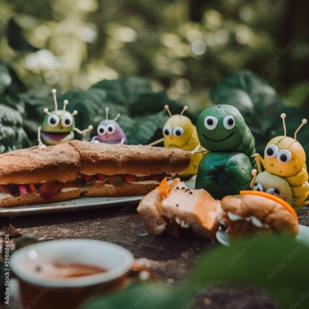 Poster a plate with a sandwich and a group of bugs or caterpillars on it. ai generative image.