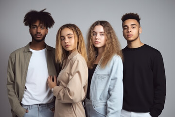 Fototapeta premium Group of young multiethnic people in casual clothes posing in studio. Generative AI