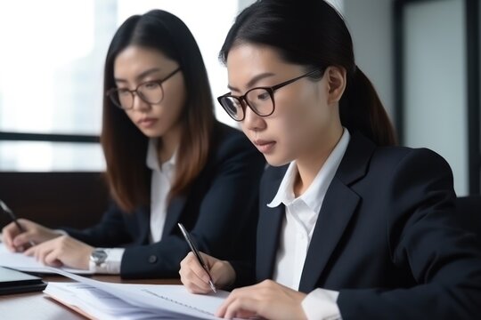 Serious young Asian businesswoman writing in notebook while sitting at table in modern office. Businesswoman working on project at workplace. Generative AI