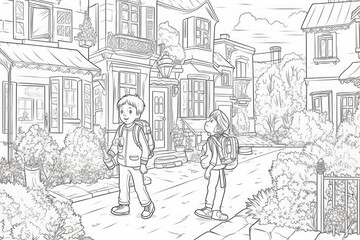 Fototapeta na wymiar coloring page of two boys with backpacks walking down the street full of flowers. Ai generative