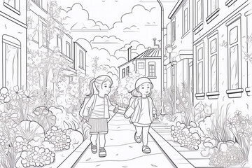 coloring page of two girls with backpacks walking down the street full of flowers. Ai generative