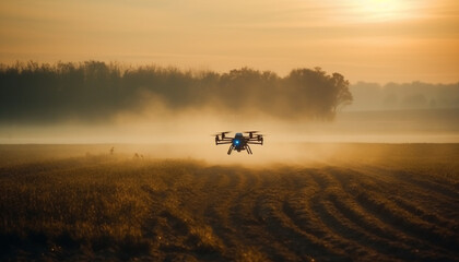 Flying drone captures rural sunset over wheat field generated by AI