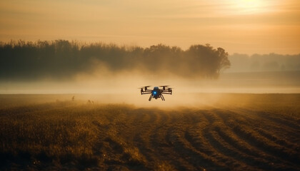 Fototapeta premium Flying drone captures rural sunset over wheat field generated by AI