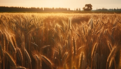 Sun kissed wheat fields ripe for organic harvest generated by AI